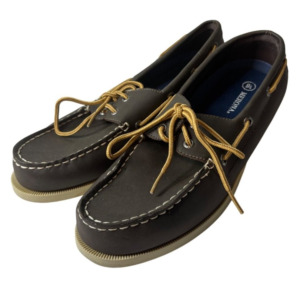 Merona Mens Brown Boat Shoes Size 9.5 Classic Moc Toe Rubber Sole Nautical Prepp